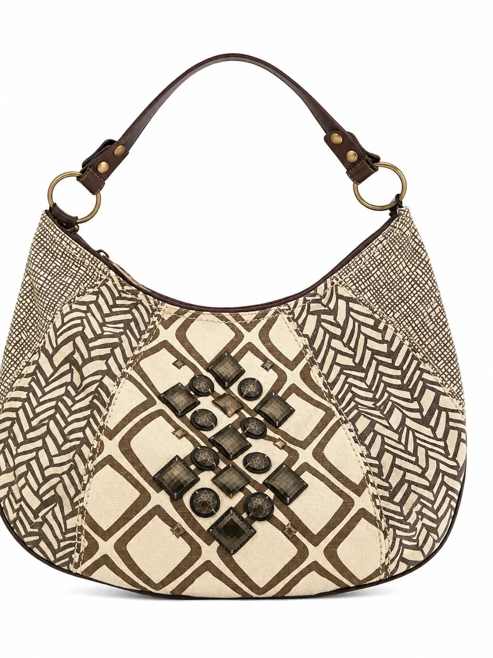 Vintage Fossil Ari hobo bag geometric canvas design studded embellishments